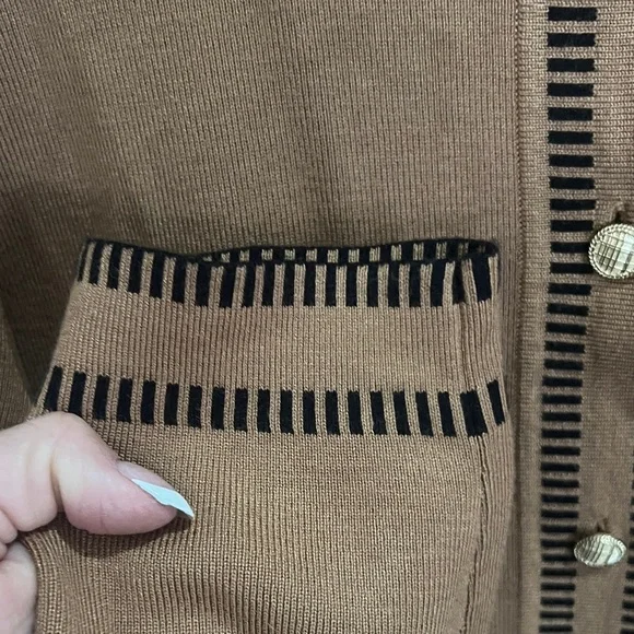 Adrianna Papell Camel Cardigan with Black Trim and Gold Buttons - Picture 6 of 6